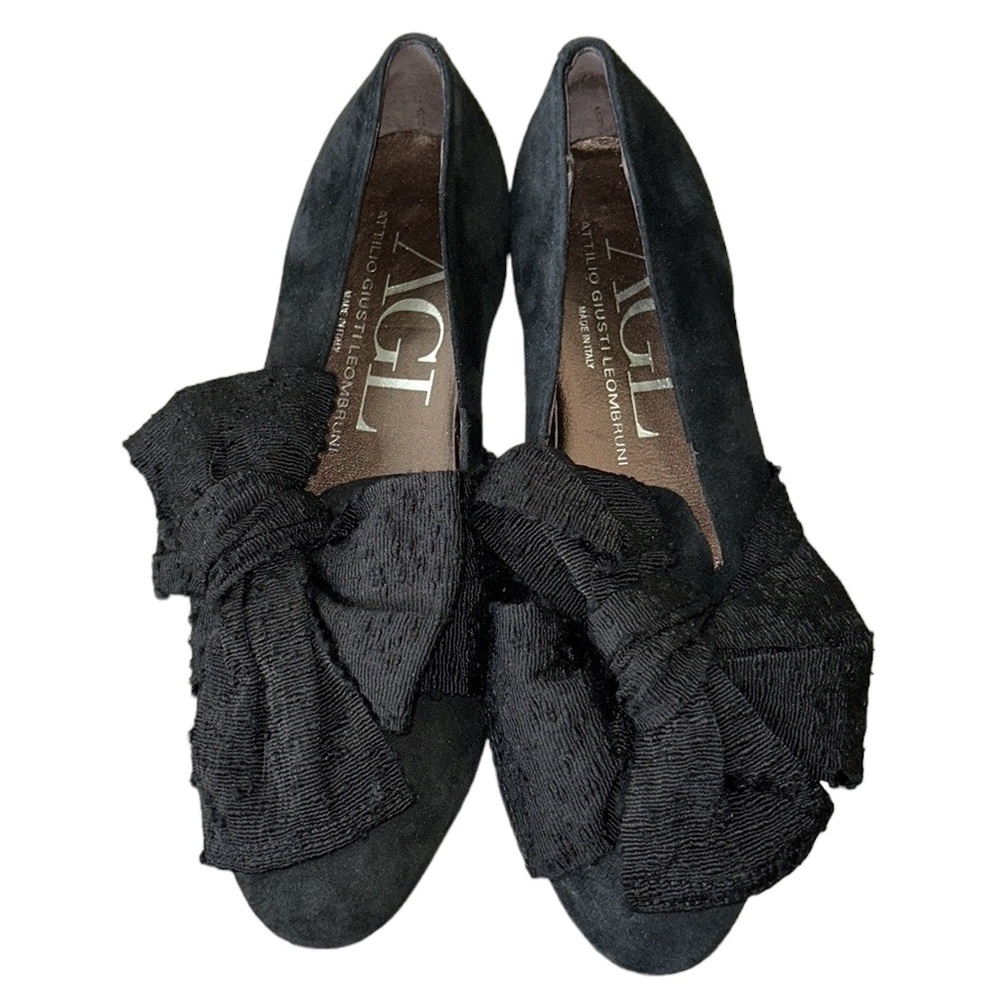AGL Black Suede Textured Fabric Bow Loafers Flats - 36 / 6